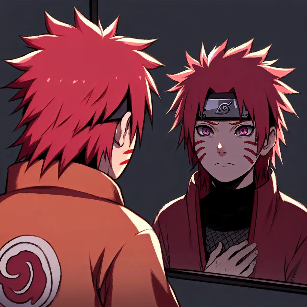 An image is generated by DALLE depicting Naruto's reflection in a mirror, with their short, unruly hair transforming into long scarlet locks that flow over their shoulders. Their once sharp, boyish features soften, and their eyes shift from blue to a deep violet. Naruto's reflection showcases their new female form, including the formation of a woman's breasts. Despite Naruto's desperate pleas, Sakura and Ino, shown in the background, seem oblivious to the transformation, treating Naruto as if th