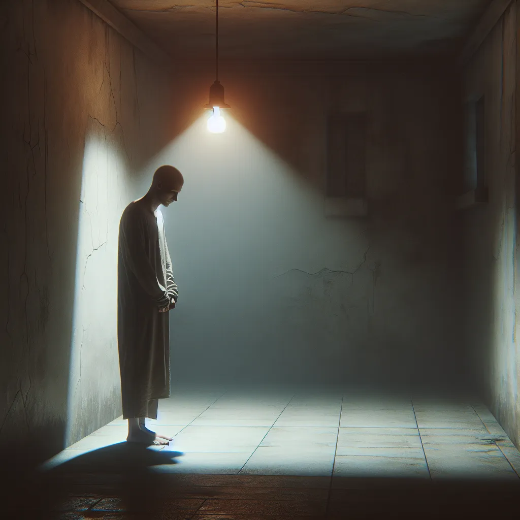 Sadness and self-reflection: A desolate figure stands alone in a dimly lit room with a single light bulb overhead.
