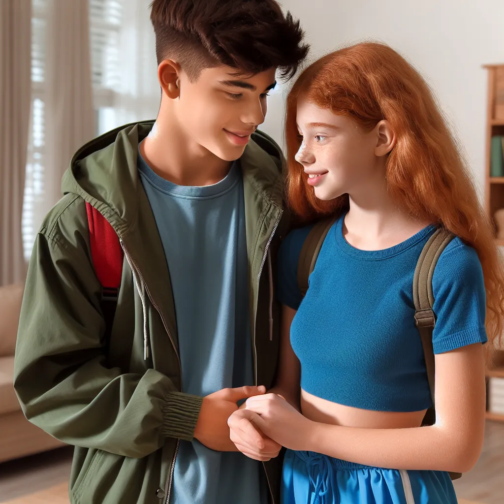 a teenage boy tan skin black hair and green jacket kisses a red head teenage girl blue shirt and short pants in a bedroom | Write (with AI)