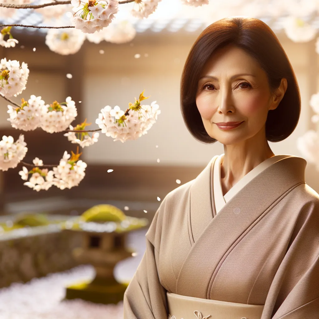 The image that will accompany this story is of a serene Japanese woman, Yamamoto Hikari, in her mid-thirties. She exudes grace and warmth, surrounded by cherry blossoms, symbolizing the enduring impact of her life as a dedicated teacher at Sakura Academy.