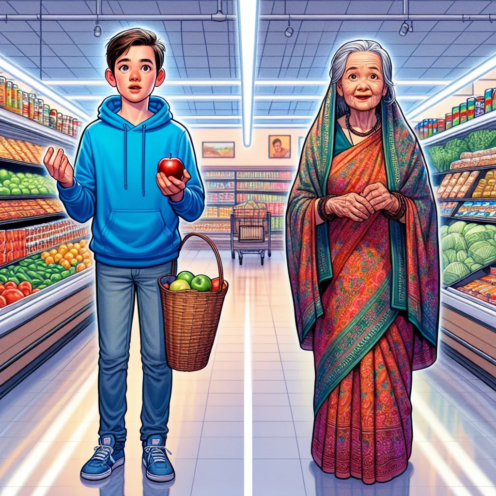 An illustrated representation of a young boy named Benjamin Henry Miller experiencing a sudden and inexplicable transformation into an elderly woman named Hua Meilin while shopping at a local store with detailed descriptions of their appearances, surroundings, and emotions.