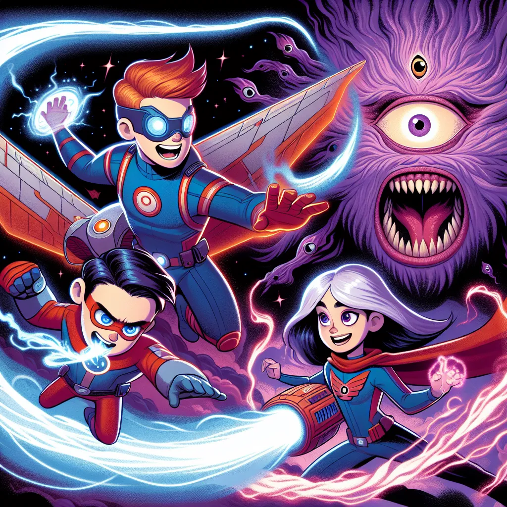 An image of 16-year-old Angel transformed into Jetray and 10-year-old Angel transformed into Eyeguy, battling a young Charmcaster with purple energy swirling around them.