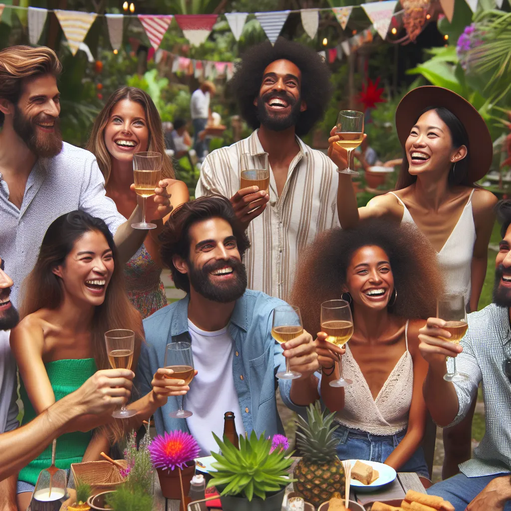 A group of diverse friends, celebrating and raising their glasses in a vibrant outdoor setting.