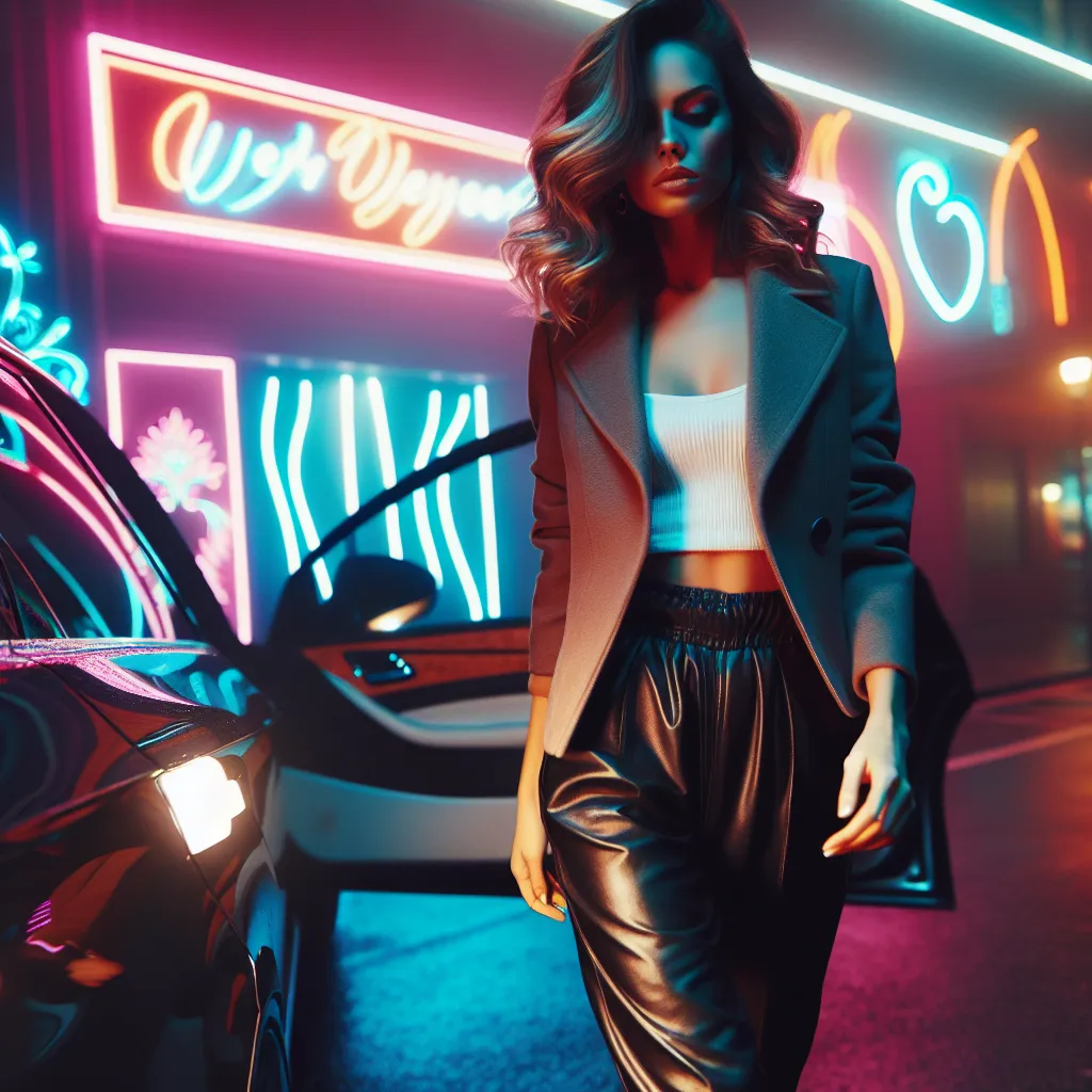 An image of a confident and stylish young woman, Olivia, stepping out of her car and walking towards a vibrant club illuminated with neon lights.
