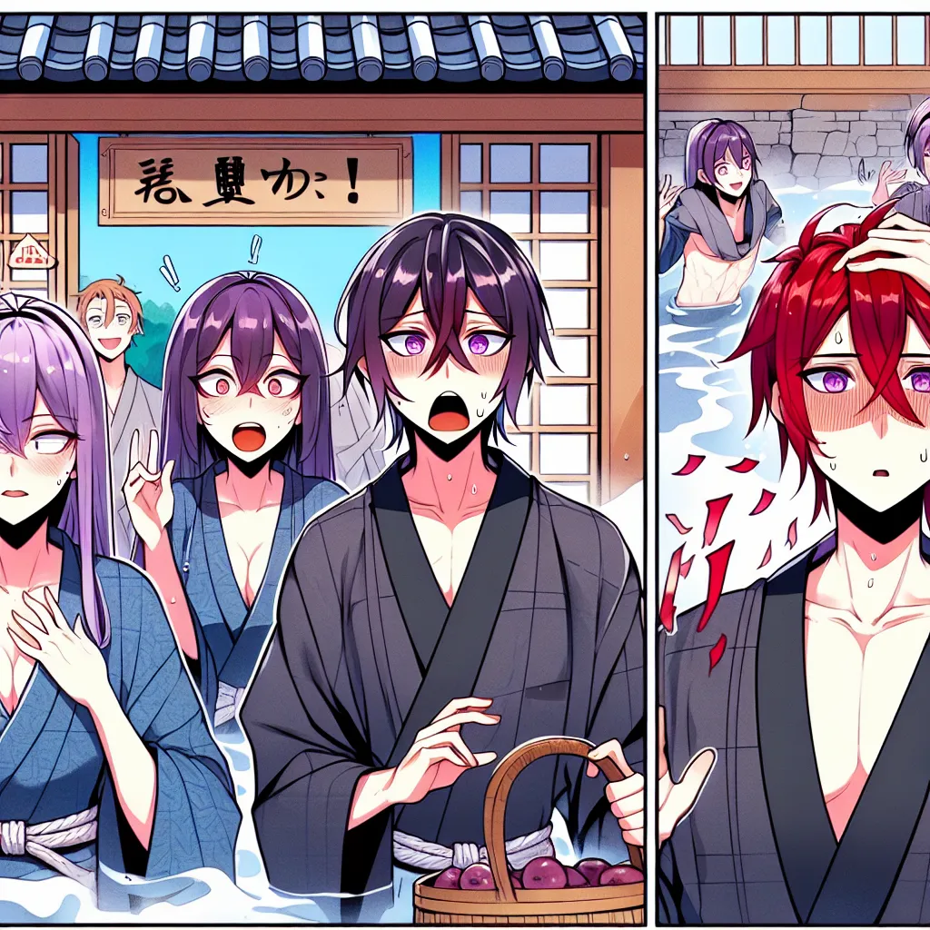 Naruto, Sakura, and Ino are standing in front of the entrance to the hot springs. Naruto looks worried as his friends drag him into the women's section, not realizing the consequences. In the changing room, Naruto's body begins to transform, becoming a beautiful young woman with red hair and violet eyes. Panicking, Naruto tries to protest, but her friends tease and flirt with her new form. Naruto's memories and desires change, leaving her powerless to resist the transformation. She finally accep