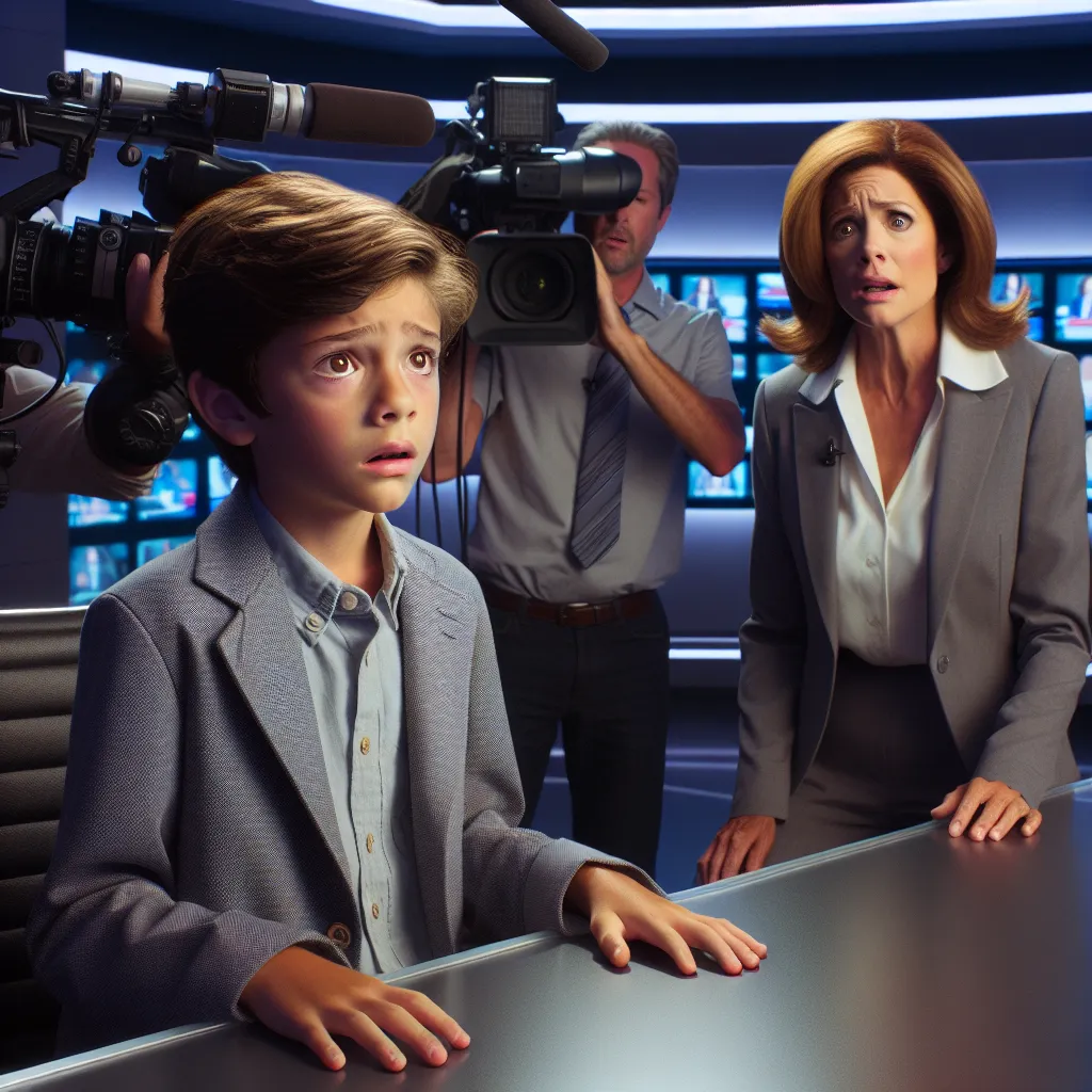 In the late 2010s, a young boy named Ethan finds himself trapped in the body of a news anchor named Sophia. The image shows Ethan, now Sophia, sitting at a news desk, surrounded by a professional camera crew. A concerned woman named Susan, who is also a news anchor, stands nearby. Ethan's confusion and fear are evident as he navigates this strange new world. The image captures the contrast between Ethan's youthful innocence and the sophisticated adult environment he finds himself in.