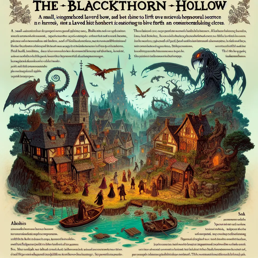 A dark and mysterious town, Blackthorn Hollow, with a history steeped in curses and secrets. Surrounding a dense forest and stormy sea, the town is known for its Gothic architecture, abandoned manor, haunted lighthouse, and an eerie pub. As a group of characters uncovers the town's past, they are drawn into a web of supernatural occurrences, encountering ghostly apparitions and a cult seeking to unleash a sinister force. Together, they must break the curse and confront the ancient evil that thre