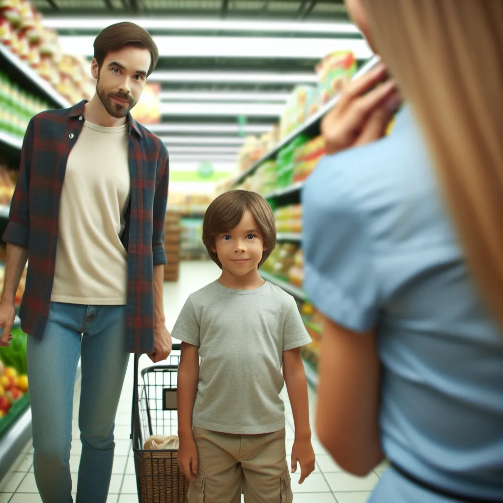 An image of a young boy and his mother standing in a grocery store aisle, with a curious woman named Barb approaching them.