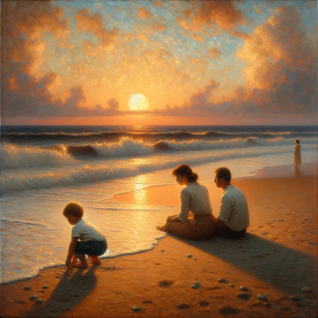 Boy, Family, Beach, Transformation, Loss in the style of Monet
