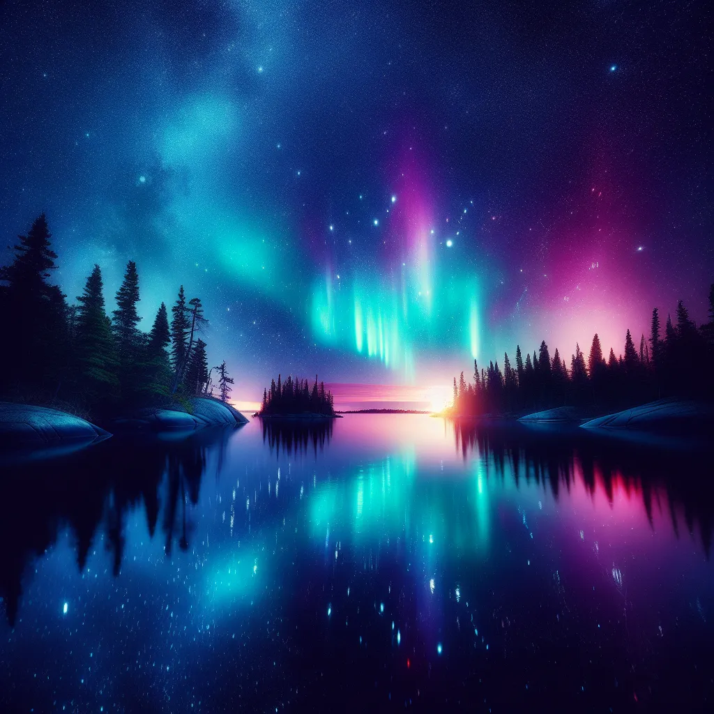 A captivating night scene with a star-lit sky over a calm lake, reflecting the vibrant colors of the Northern Lights dancing above.