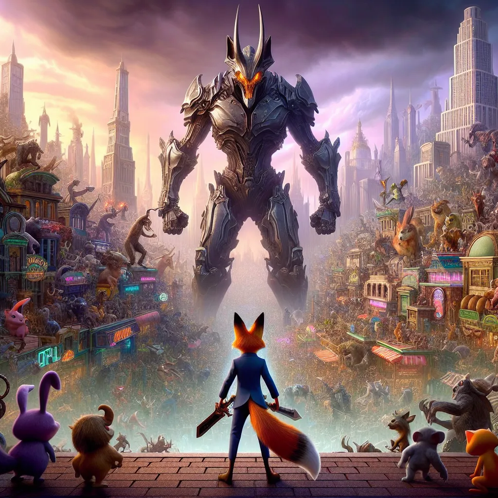 A towering figure in a Mech Suit, adorned with the wrath of angels and the dread of demons, looms over the vibrant streets of Zootopia. Nicholas Wilde, a cunning and nimble fox, stands against this imposing threat as the city trembles in anticipation. The fate of Zootopia hangs in the balance as these two adversaries prepare for a climactic showdown.