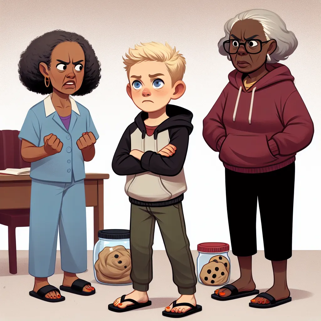 The image description for this story is a composite image of Lucas, a 6-year-old boy with sandy blonde hair and blue eyes, and Latisha, a confident and assertive woman in her 60s with short gray hair and a maroon sweatshirt. They are both portrayed in a moment of confrontation, with Lucas looking guilty and Latisha appearing stern and exasperated. The image also features elements such as a jar of cookie dough, Latisha's black flip-flops, and Lucas' orange-painted toenails.