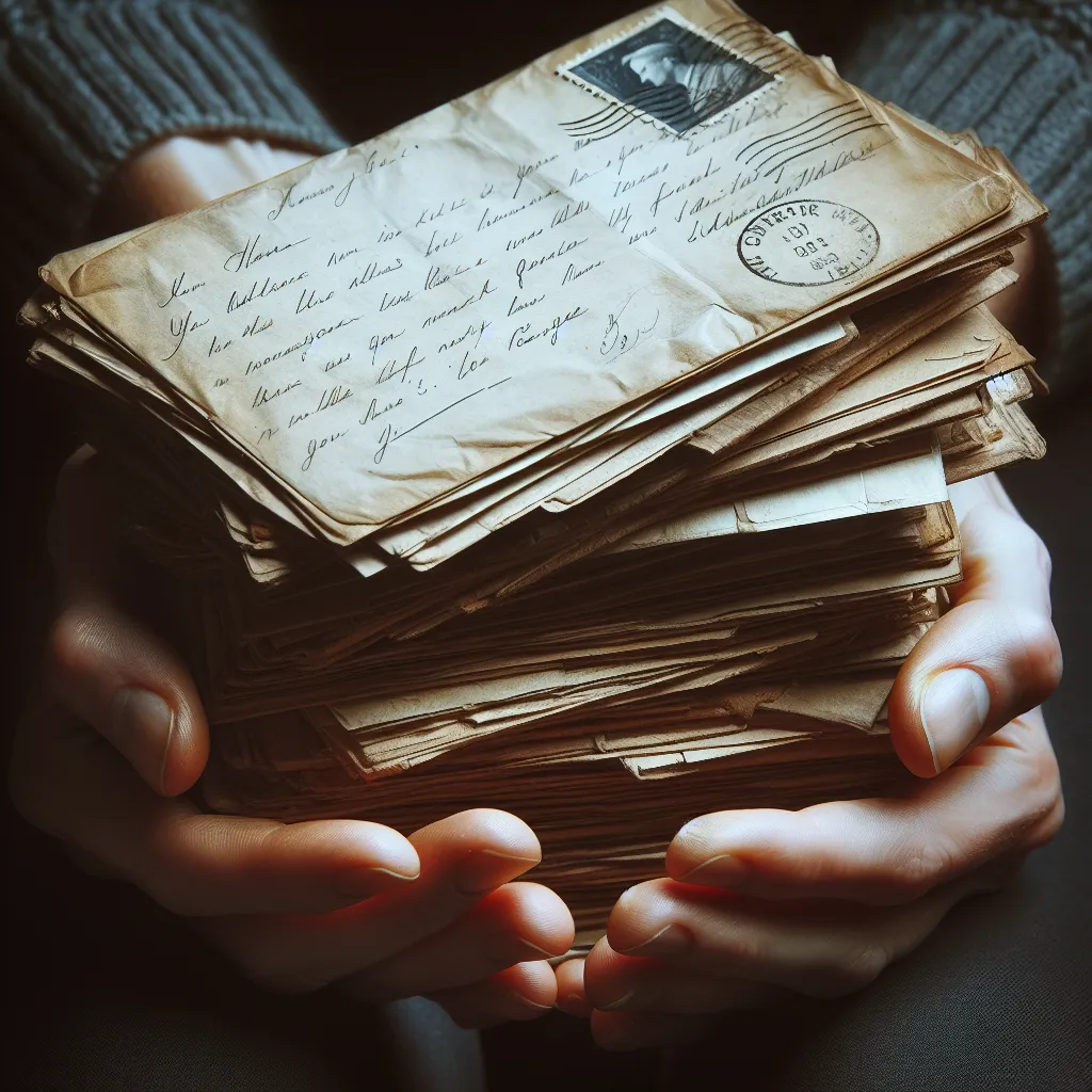 Close-up of a person's hands holding a stack of old letters, showing handwritten notes and faded postmarks.