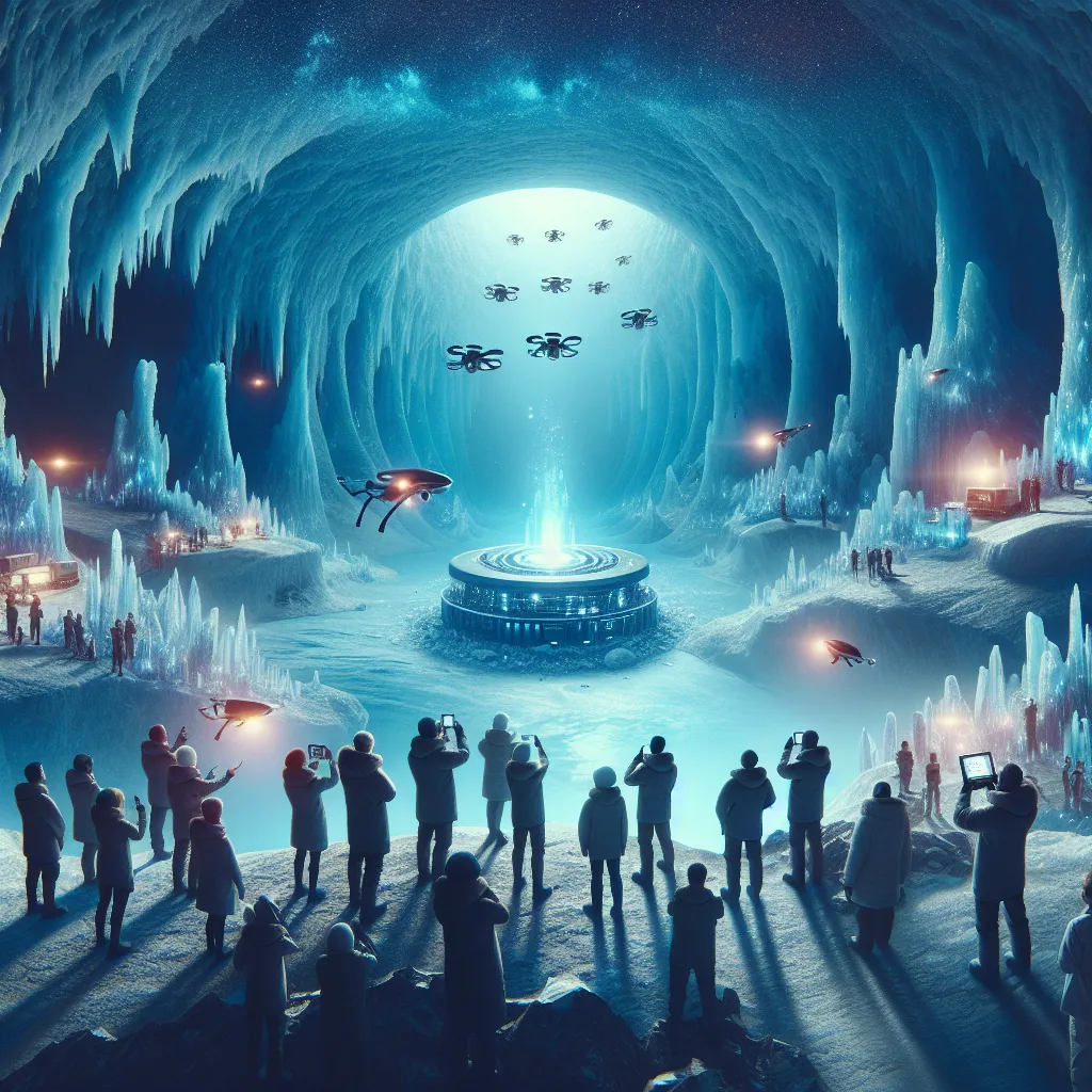 An image accompanying the story could depict a dramatic scene deep beneath the ice of Antarctica. A team of scientists stands in awe as they witness an otherworldly cavern, bathed in a soft cerulean glow, filled with intricate crystalline structures. In the center of the chamber, a cluster of spherical devices hum with unknown energy. Drones hover around, capturing the breathtaking sight, while scientists analyze the images on a holographic display. The image captures the sense of discovery, won