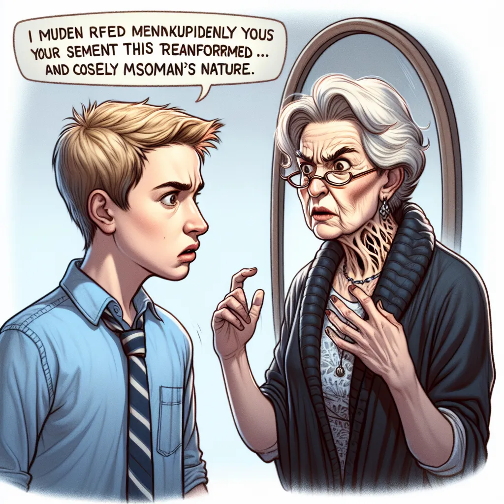 A young boy named Tommy transforms into his unpleasant stepmother, Carla, while he tries to warn his father about Carla's suspicions. Carla's critical and judgmental nature fully takes over as she criticizes her reflection and surroundings.