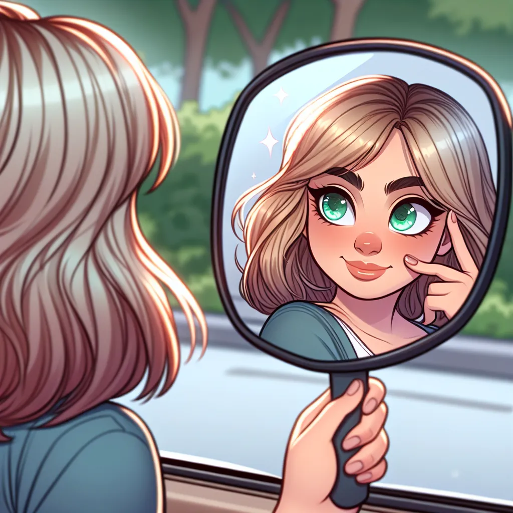 A young girl named Tammy gleefully admires her reflection in a roadside mirror, confident in her identity as a woman. Her voluminous, shoulder-length blonde hair frames her face, while her piercing green eyes exude self-assurance. Tammy exclaims, "Watch out, everyone, Tammy is here!" as she daydreams about romantic nights with her imagined boyfriend.