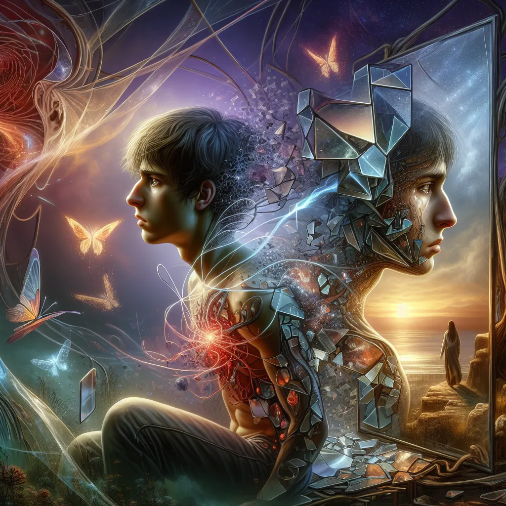 This image request is for an intricate and emotional illustration capturing the essence of Ash's turbulent experience with being trapped in Yasuna's body in a reality different from his own. The image should convey elements of conflict, transformation, isolation, and dual identity, reflecting the complex emotions and challenges faced by Ash as he navigates this transposed fate.