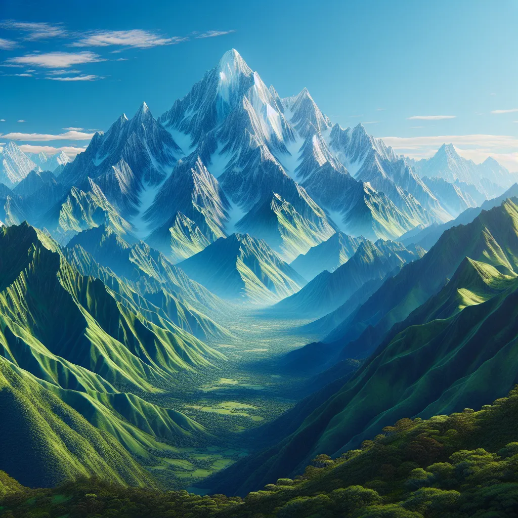 A majestic mountain range stands tall under a clear blue sky, with snow-capped peaks and lush greenery below. The scenery exudes tranquility and grandeur, capturing the awe-inspiring beauty of nature.