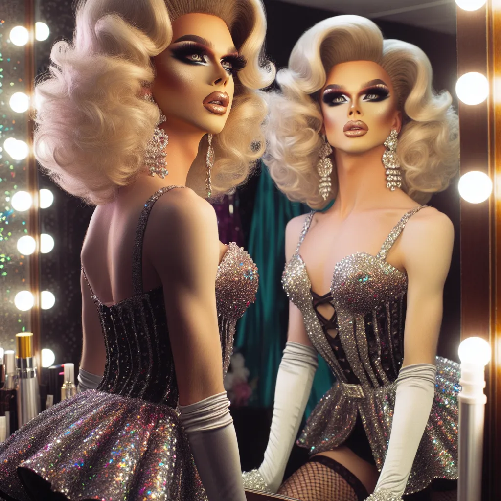 A young drag queen named Lyla, dressed in a sparkling clubbing outfit, stands confidently in a mirror. Her hair is styled in voluminous blonde curls, and her eyes are lined with dramatic makeup. She wears a sequined mini dress with glittering accessories and stands tall in platform sandals. Lyla admires her glamorous reflection as she prepares to head out to a club.