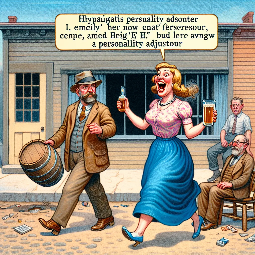 An image depicting a couple, Emily and Stan, standing in a small town. Emily, who has just been zapped with Stan's personality adjuster, is now transformed into a lively and boisterous frat boy named "Big E." She is shown enthusiastically searching for a keg, while Stan watches in amusement.