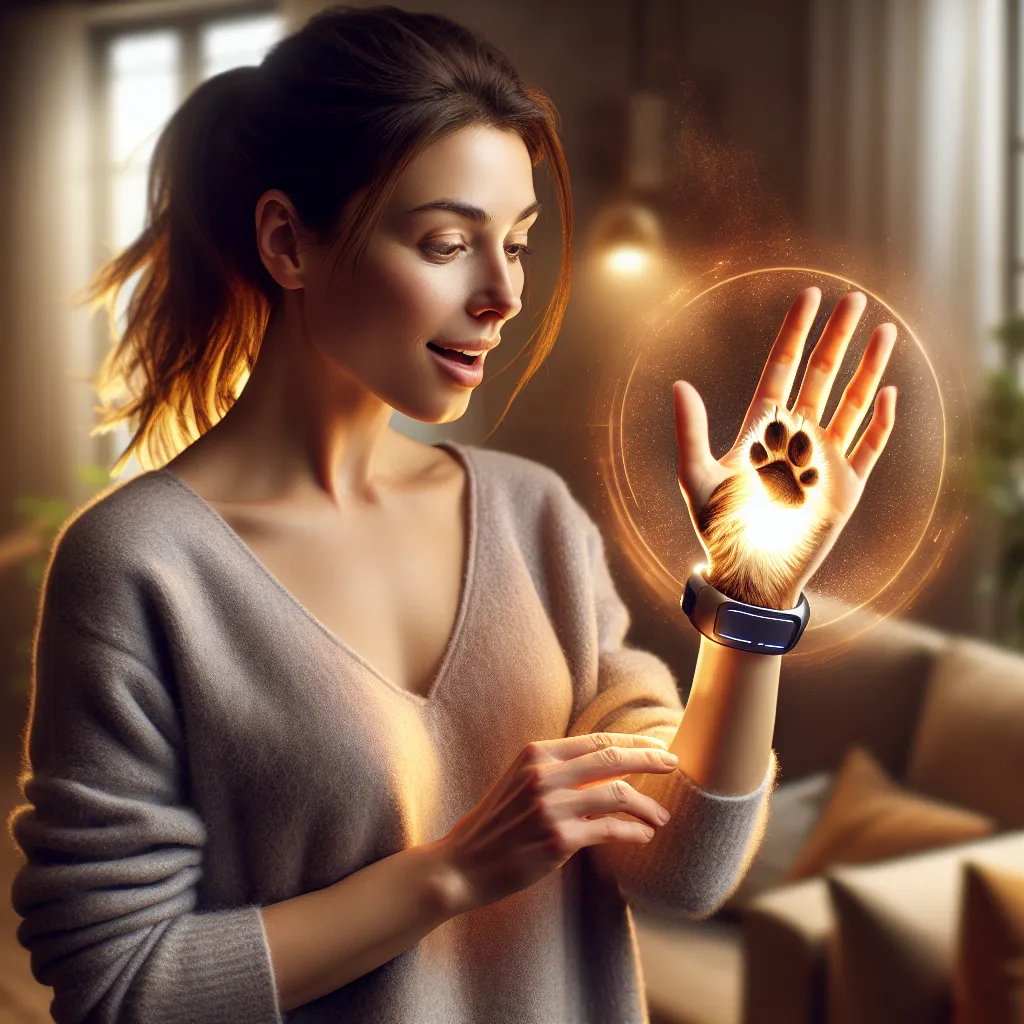 An image of a woman, Helen, standing in her living room, illuminated by the soft glow of a futuristic device. She holds the device in her hand, aiming it towards her palm. A visible ray of light shoots forth, bathing her hand in its warm glow. In the process, her hand begins to sprout dark brown fur, and paw pads form on her once smooth palm and fingertips. Her nails elongate into retractable claws, mimicking the predatory beauty of nature's own design. Her face is filled with awe and excitement
