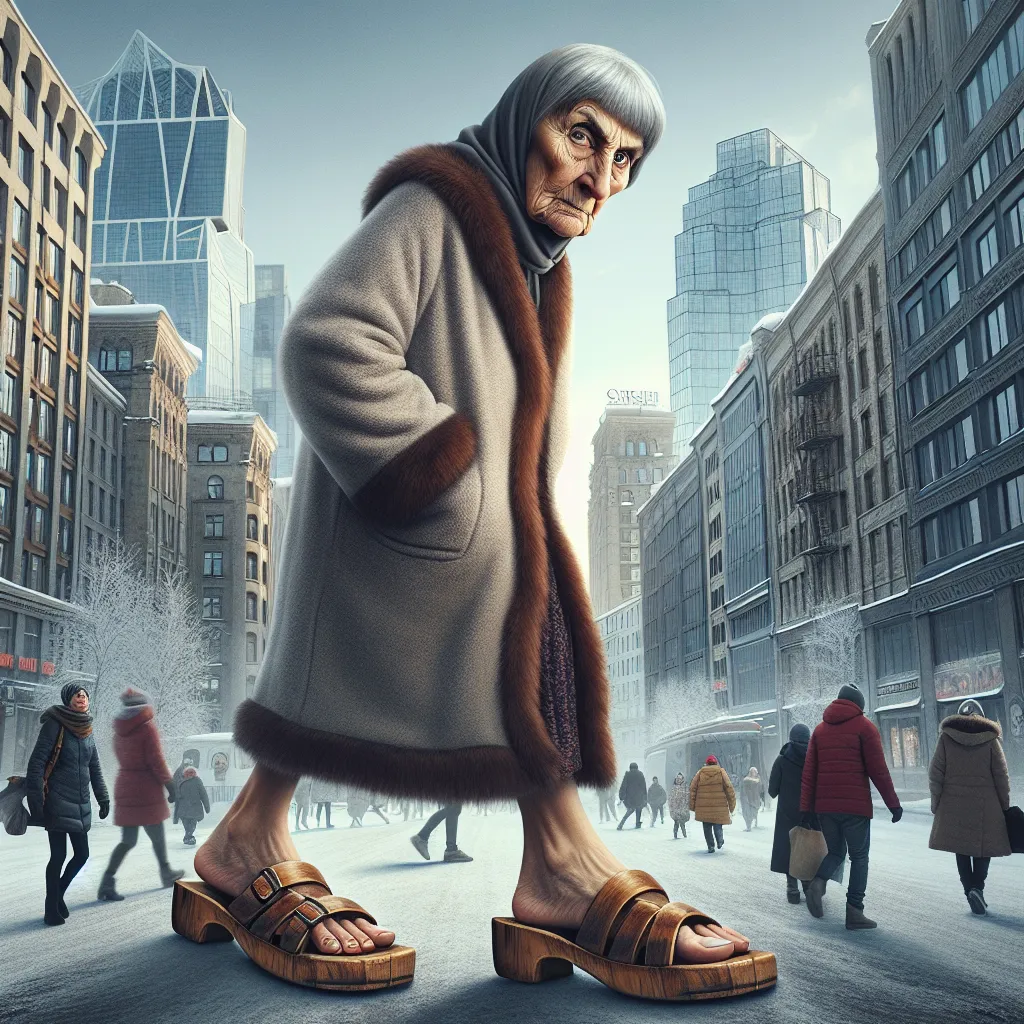 A small boy named Jimmy tries on a pair of magical wooden sandals in a grocery store, transforming into a stern Russian grandma named Yelena Vasilievna. Yelena navigates a new world with suspicion and cold blue eyes, embracing her new identity and memories of snowy Russia. She wanders the city alone, keeping her guard up and watching the world around her, as the once playful Jimmy fades into the past. The image shows Yelena with her short gray hair and stern expression, striding through the city