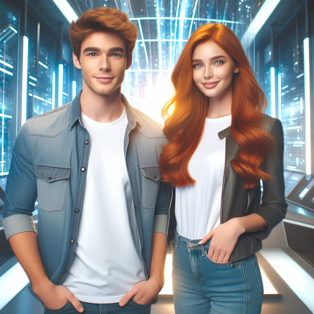 The image should depict two best friends, Ethan and Emma, standing by each other inside a government lab. Ethan is a young man with auburn hair, while Emma is a stunning red-haired woman. They are both wearing casual attire. The lab should have a futuristic, sterile look with gleaming lights in the background. The image should capture their excitement and camaraderie, as they prepare for an adventurous transformation.