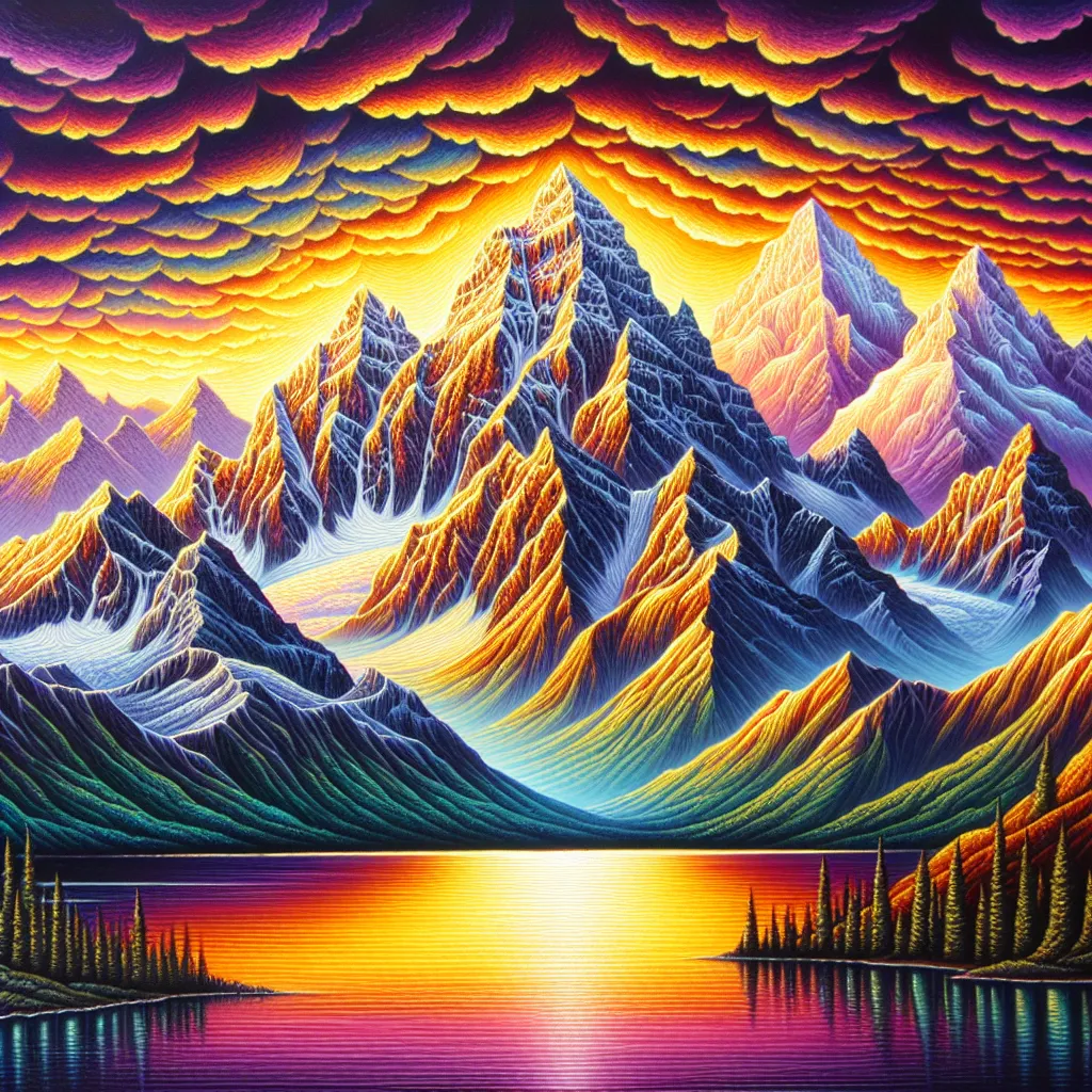 An intricate and vibrant painting depicts a majestic mountain range, with snow-capped peaks towering over a serene lake. The vibrant colors of the sky transition from golden yellow to deep purple, creating a breathtaking sunset.