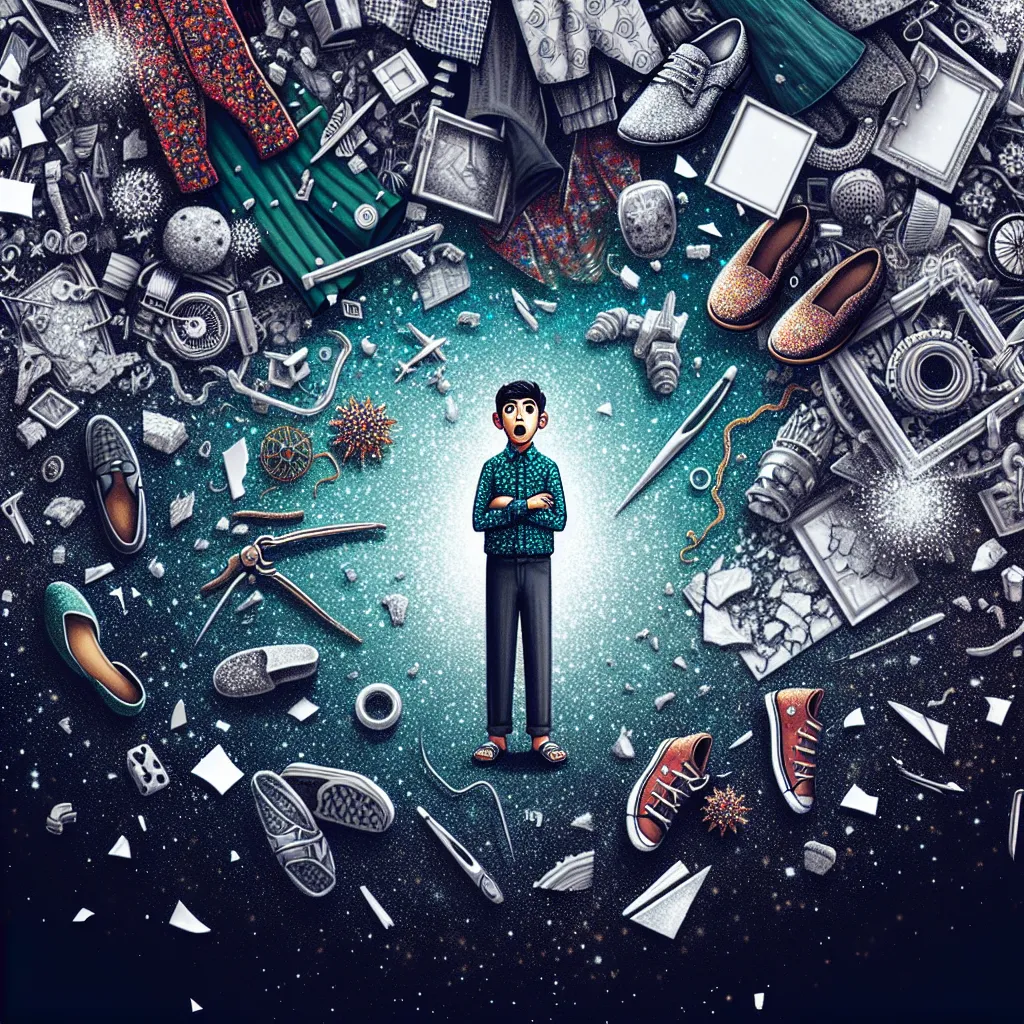 In response to your detailed story, an image captures a young boy named Evan gazing in shock at his newly transformed, feminine feet clad in jeweled flip flops, surrounded by scattered shoes and clothing. The room is littered with bits of broken photo frames as the transformation continues, capturing the magical and bewildering moment.