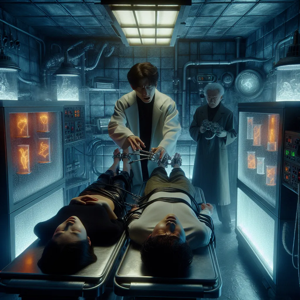 An image of a dimly lit laboratory with cold metal walls. Kamijou Touma, strapped to a metallic table, is struggling against restraints. Beside him, Misaka Mikoto lies motionless on another table. Dr. Kuroda, a sinister scientist, stands nearby with a futuristic device. The room is filled with machinery and glowing vials of mysterious liquid.