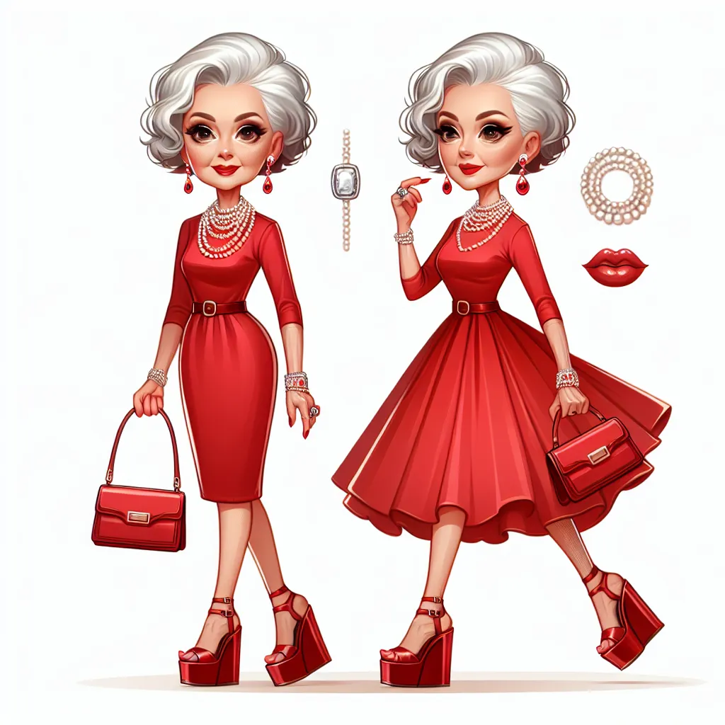 An image showing an 85-year-old woman named Beatrice Landry wearing a bright red dress with platform sandals. She carries a red purse and wears an array of jewelry, including a pearl necklace, diamond bracelet, earrings, and rings. She is stylishly dressed with a sophisticated makeup look and silver hair. Beatrice exudes confidence and elegance as she struts confidently down the street.