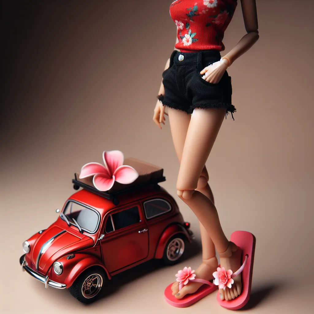 A woman named Rosa, wearing a red tank top with floral print, black shorts, and pink flip flops with flower embellishments, stands beside a small toy car.