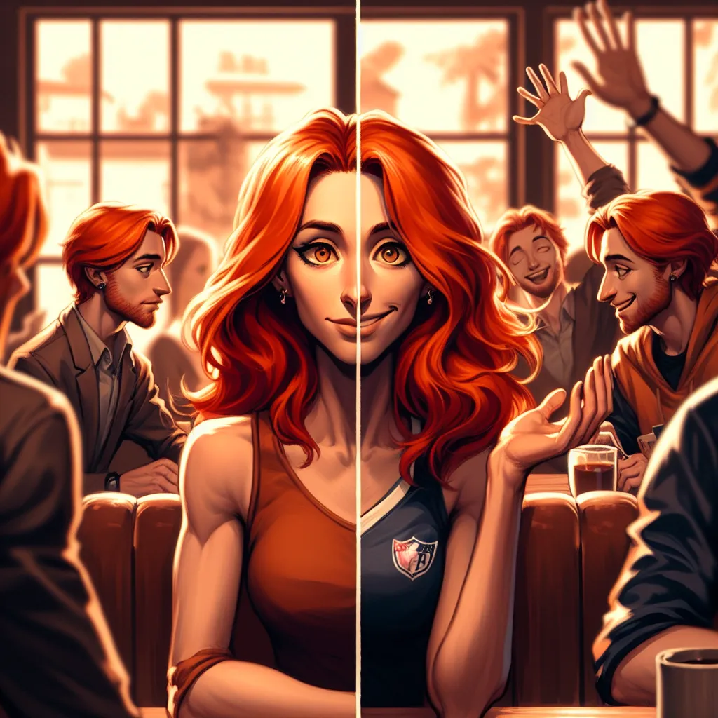 In the image, a person with red hair sits in a crowded café, their hazel eyes catching the afternoon sun. Across from them is their partner, engaged in conversation. The person's posture suddenly shifts, and a distinct smile transforms into a cocky smirk as their male alter ego, Chad, takes over. Chad excitedly cups their new chest and flips their hair, reveling in the experience of inhabiting a female body. The partner chuckles, holding up a hand for a high five. The two discuss Chad's preferen