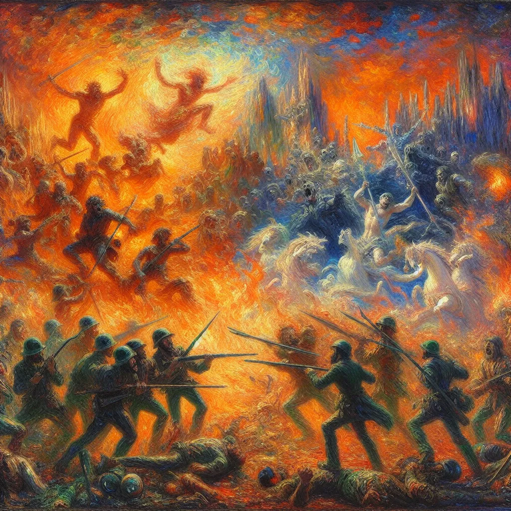 Battle, Fictional Characters, Multiverse, Hell, Clash in the style of Monet