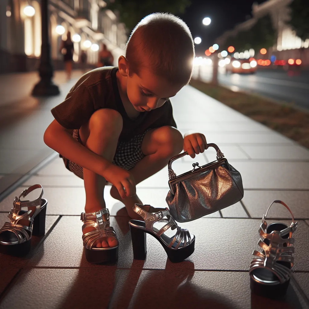 A 6-year-old boy named Jonah finding a pair of silver platform sandals and a matching purse on the street at midnight.