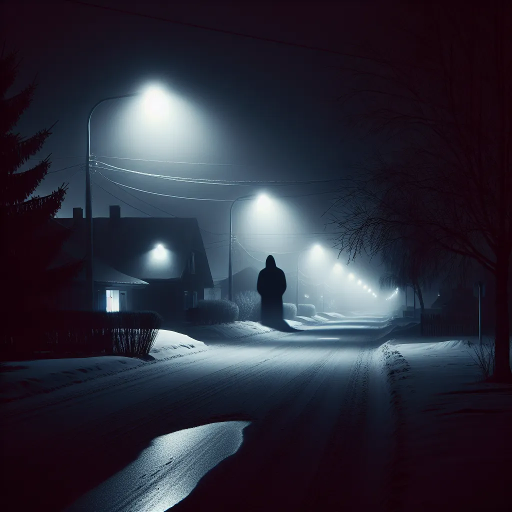 A chilling image of snowy suburban town streets at night, with a mysterious figure lurking in the shadows.