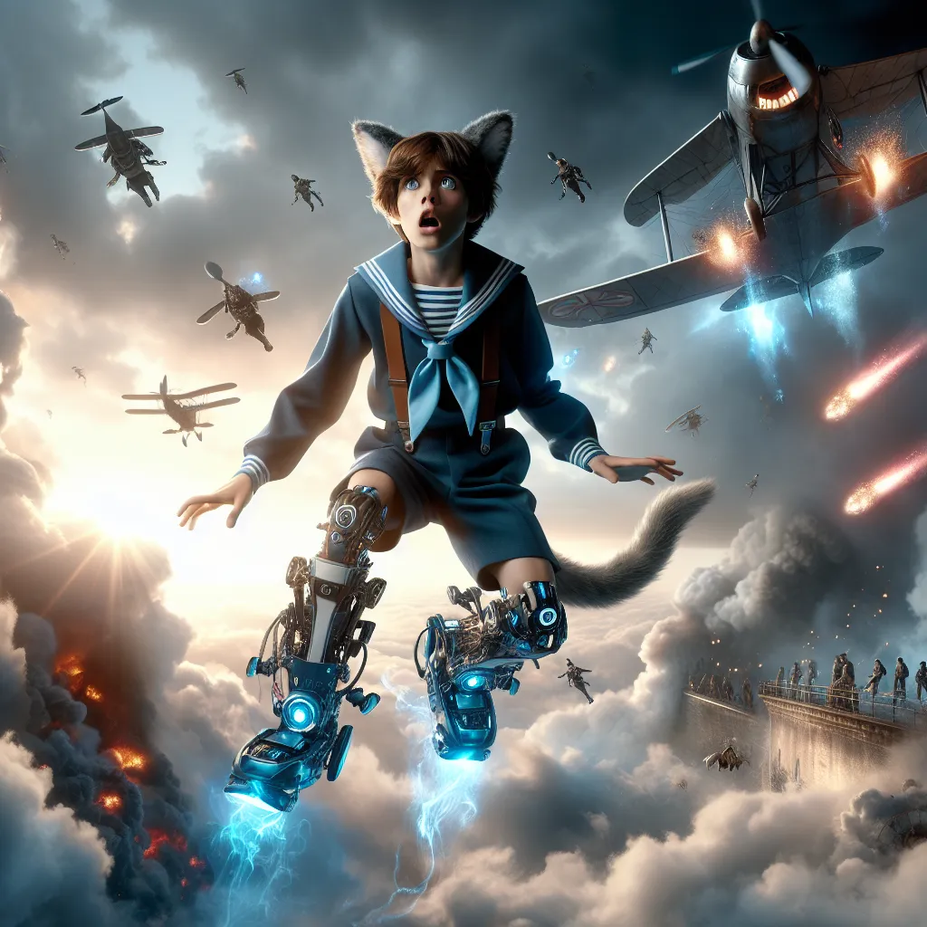A surreal, tense scene depicting Ranma Saotome’s shocked, haunted expression as he flies in midair wearing Miyafuji Yoshika’s blue Strike Unit leg gear and sailor-style uniform, with animal ears and tail visible; the background shows an aerial battle with magical gunfire and other witches soaring through a cloudy, war-torn sky, emphasizing transformation, identity crisis, and the eerie fusion of two souls caught between worlds.