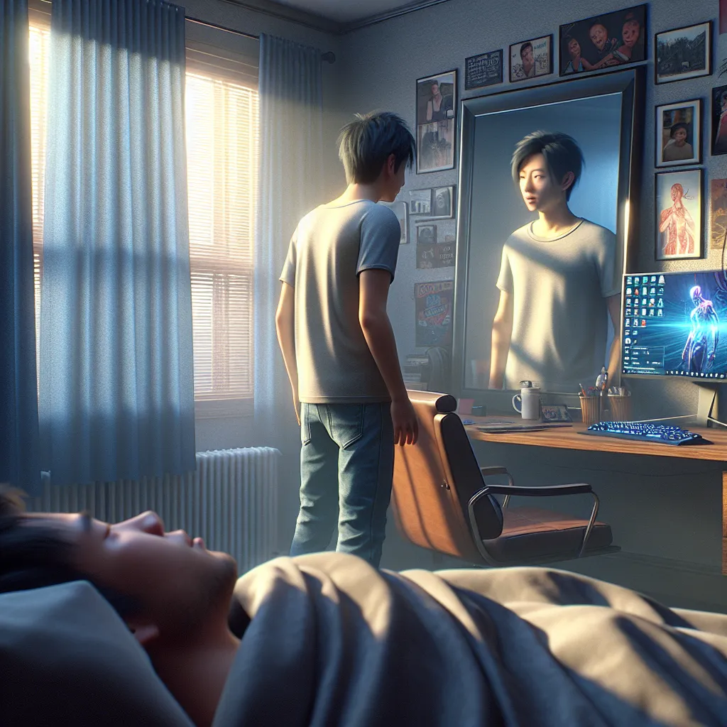 The image accompanying this story should depict Daisuke waking up in Ken's room, with sunlight filtering through the window curtains. He should be standing in front of a mirror, looking at his reflection with a confused expression. The room should be decorated with posters and framed pictures, and there should be a technologically advanced computer in the corner. Daisuke's face should reflect a mix of surprise and worry, as he tries to make sense of his situation.