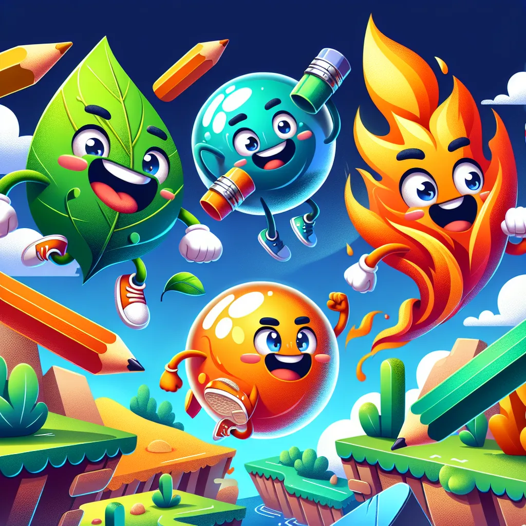 Image: An illustration showcasing vibrant, animated inanimate objects like Leafy, Firey, Bubble, and Pencil from the web series Battle for Dream Island (BFDI). The objects are depicted with unique personalities and expressions, capturing the competitive yet humorous essence of the show.