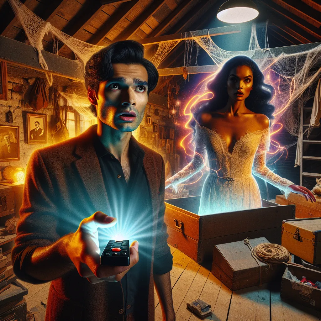 A mysterious remote found in an old attic transports Artem to a reality where his friend Dima is replaced by a stunning model-like woman. The scene captures the moment Artem realizes the power of the remote to alter reality, leaving him in disbelief as the world around him shifts.