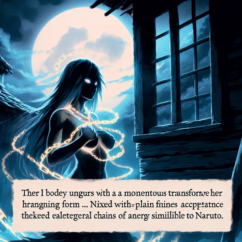 A shadowy figure stands illuminated by the pale light of the moon in a desolate village. Their body undergoes a terrifying transformation as they struggle to resist. As the pain subsides, they gaze at their new reflection in a window, their features now resembling that of a woman. With a mixture of fear and acceptance, they summon golden chakra chains, embracing their new identity as Naruto Uzumaki, the Kunoichi reborn.