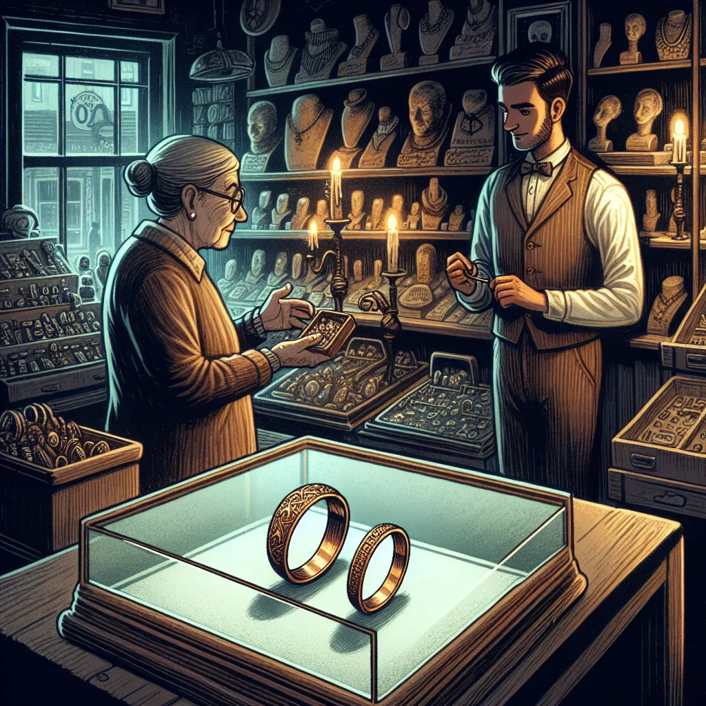 Description: The image will depict a gloomy and eerie antique shop, with dim lighting and shelves filled with strange trinkets and oddities. In the foreground, there is a glass case holding a pair of simple bronze rings. The image will capture the moment when the protagonist, Tommy, buys the rings from the old shopkeeper.