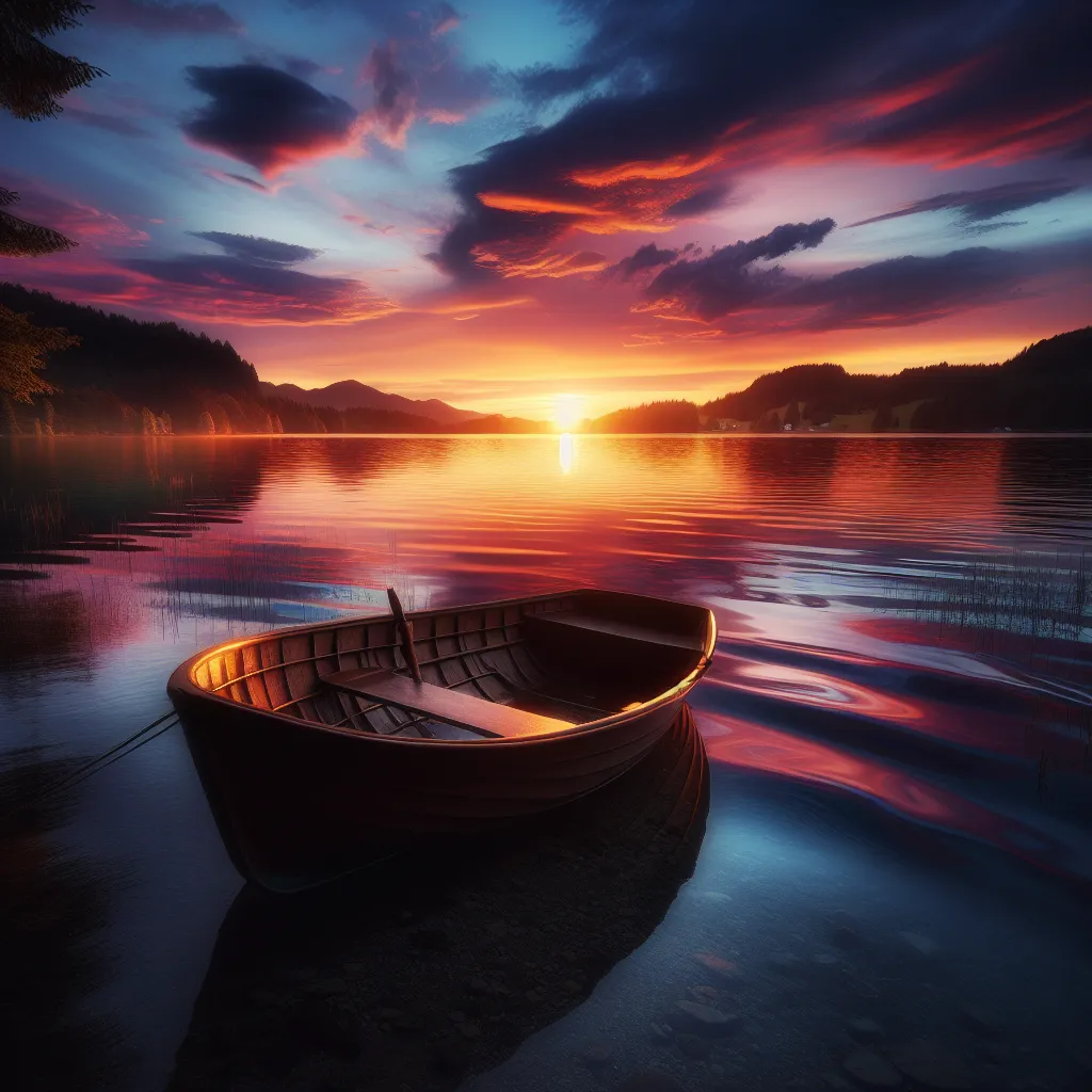 A serene sunset over a calm lake, with vibrant colors reflecting in the water and a small rowboat in the foreground.