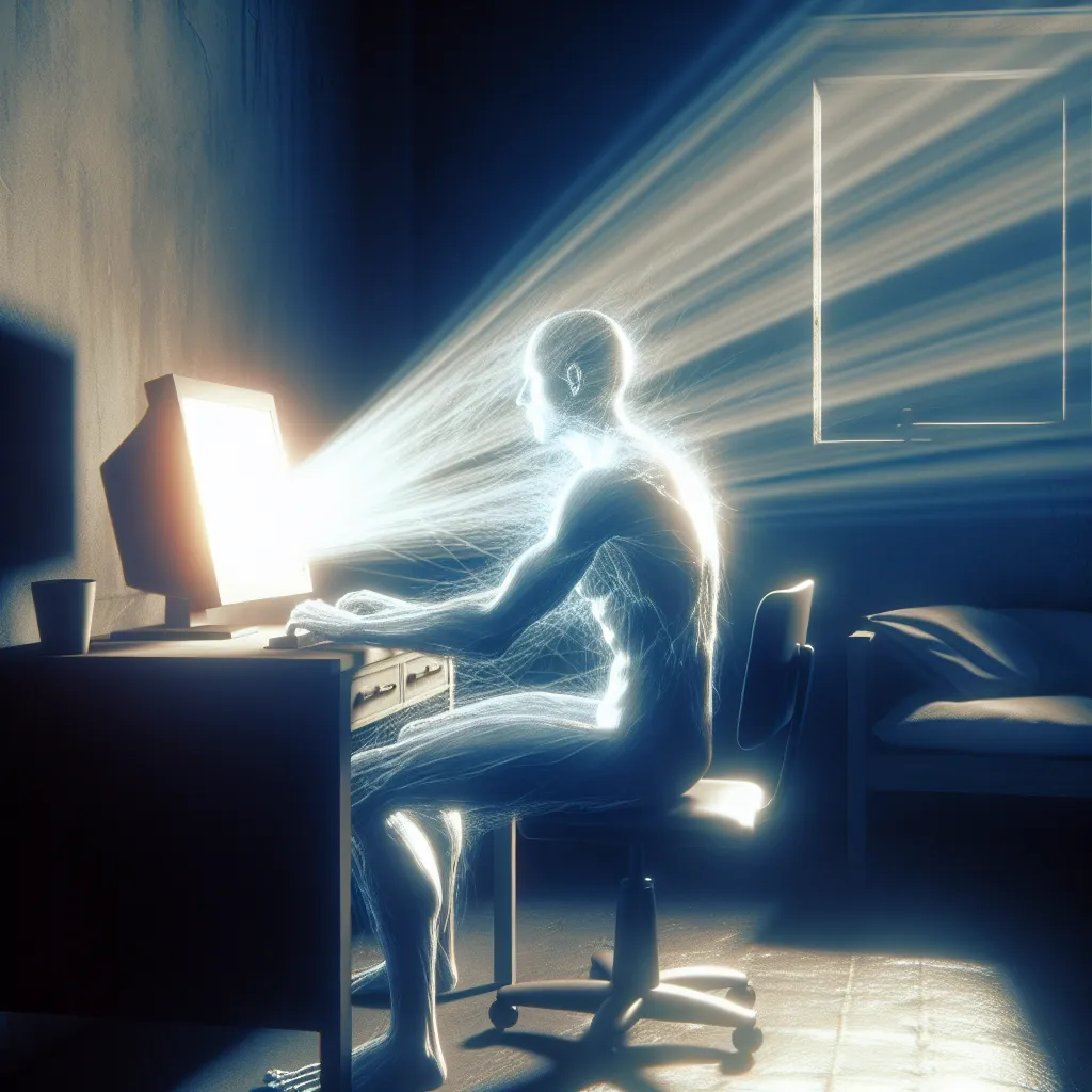 The image will depict a person sitting at a desk, engrossed in their computer screen. The room is dimly lit, with eerie shadows on the walls. A brilliant flash of light emanates from the computer screen, enveloping the room. The person's body is shown gradually transforming, becoming shorter and more slender, defying understanding.