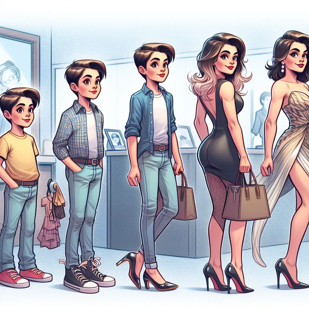 An illustration depicting a young boy named Tommy undergoing a dramatic transformation at a store, ending up as a confident woman named Keisha. The image captures key moments of Tommy turning into Keisha, from his feet aging and feminizing to his head changing, with visible physical and clothing transformations. Keisha confidently interacts with store employees, exuding assertiveness and personality. The illustration symbolizes Tommy's complete transition into Keisha, embracing her new identity 