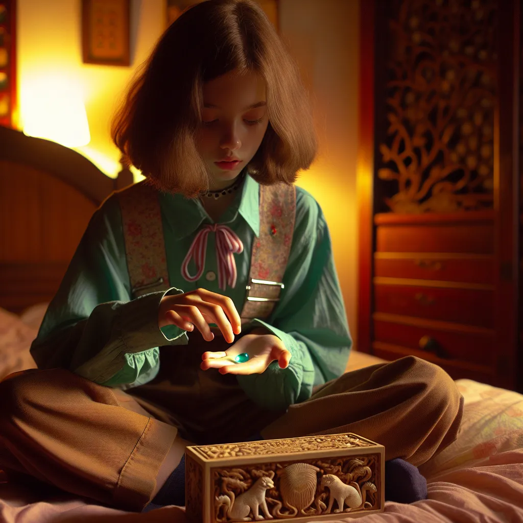 The image accompanying this story is of a young girl, around fifteen years old, sitting cross-legged on her bed. She is holding a small jade-colored pill between her fingers and is deep in thought. The room is lit with a warm glow, and there is a sense of both excitement and trepidation in the air. In the background, there is an ornately carved wooden box featuring intricate images of raccoon dogs, or tanuki, representing the mythical creatures from Japanese folklore.