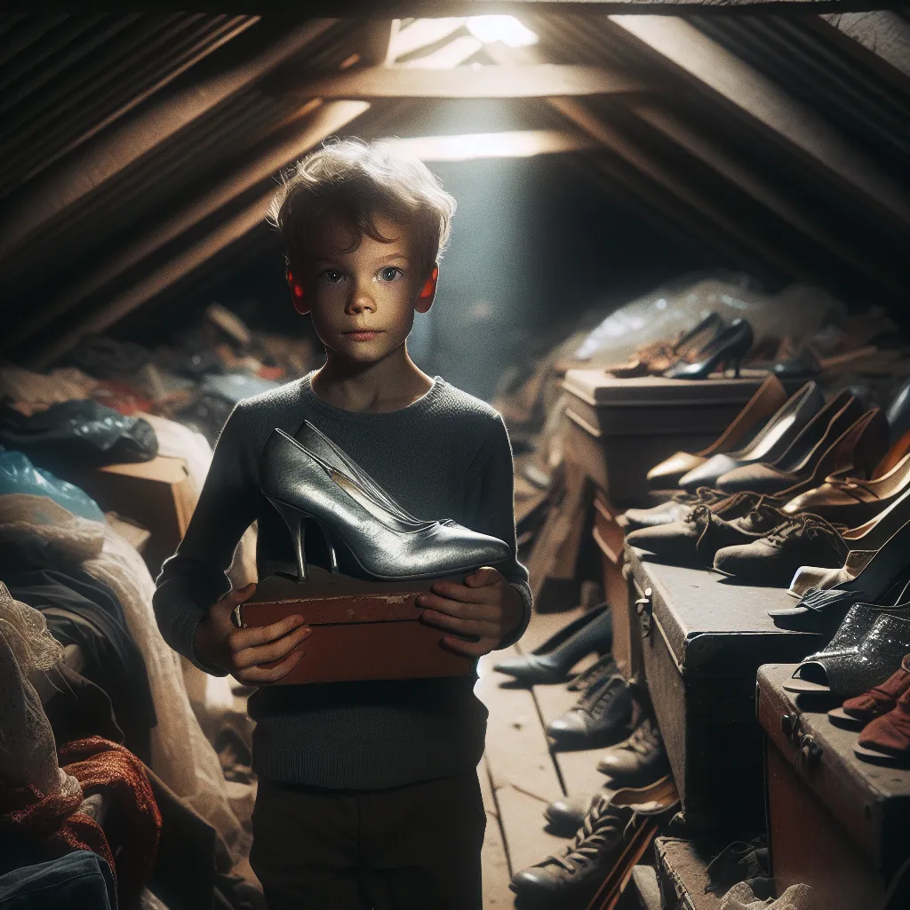 An image of a young boy holding a pair of silver high heels in his hands, surrounded by a dimly lit attic filled with forgotten items.