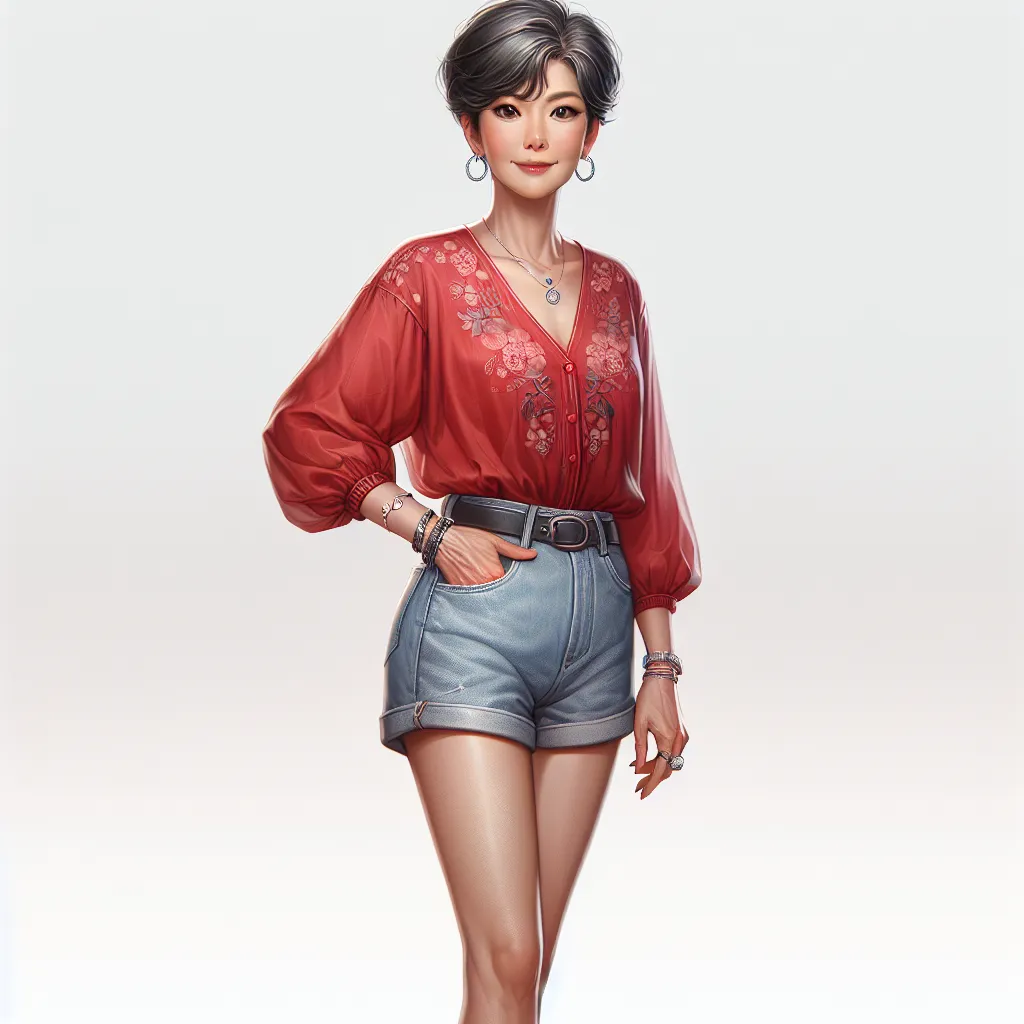 A digital artwork depicting Eunji Park, a confident and resilient woman in her 60s. She stands gracefully, wearing a red blouse with delicate embroidery, light blue denim shorts, and black platform sandals. Her hair is in a stylish pixie cut with gray streaks, and her dark brown eyes exude wisdom and strength. Around her neck is a diamond necklace, and she wears a wedding ring and a silver bracelet on her wrist. The image captures Eunji as she starts her day, full of self-assurance and ready to 