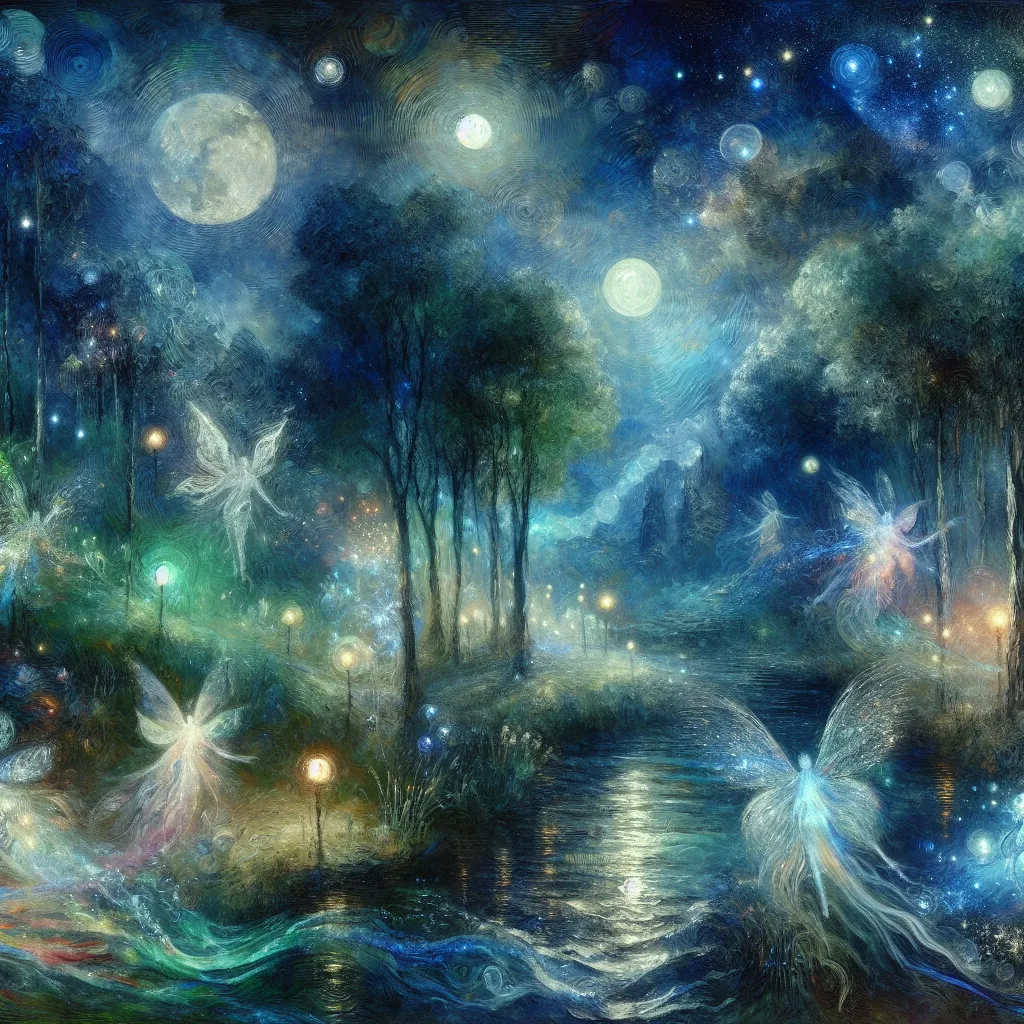 Magic, Transformation, Adventure, Imagination, Midnight in the style of Monet