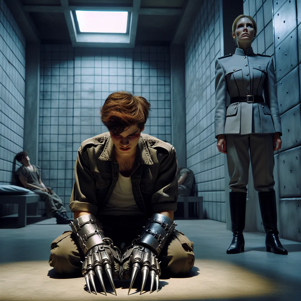 A young girl with fierce silver claws kneels in a cold, dimly lit concrete cell with padded walls. Her face is bruised and streaked with silent tears, eyes fierce yet haunted. In the background, a tall, stern woman in military attire watches with a cold, unforgiving gaze. The sterile, harsh environment around them—white walls, flickering fluorescent lights—echoes with shadows and the unyielding grip of confinement and control.